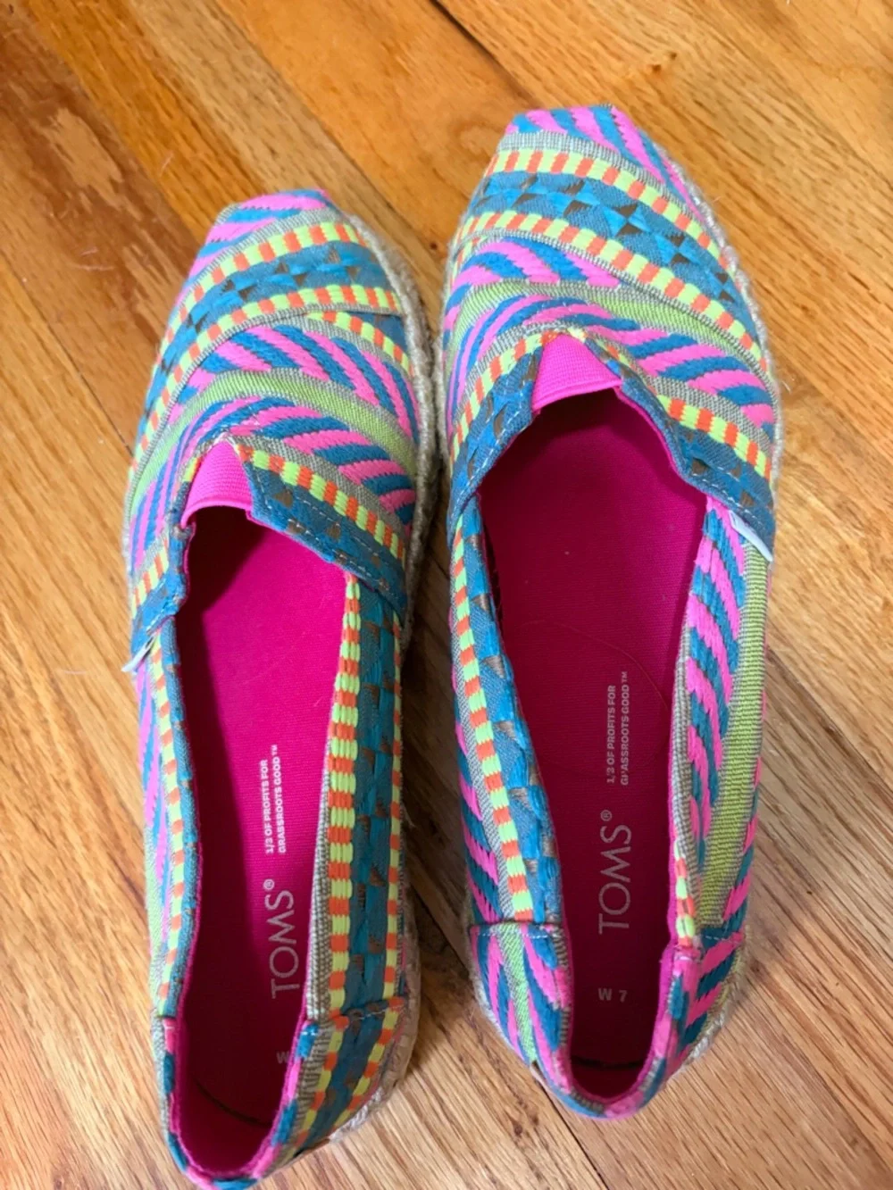 TOMS Neon Pink and Turquoise Multicolor Woven Espadrilles